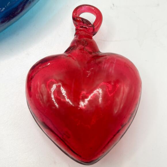 Hand Blown Mexican Glass Hearts Ornaments Iridescent Blue, Amethyst, Ruby Red - Picture 6 of 7